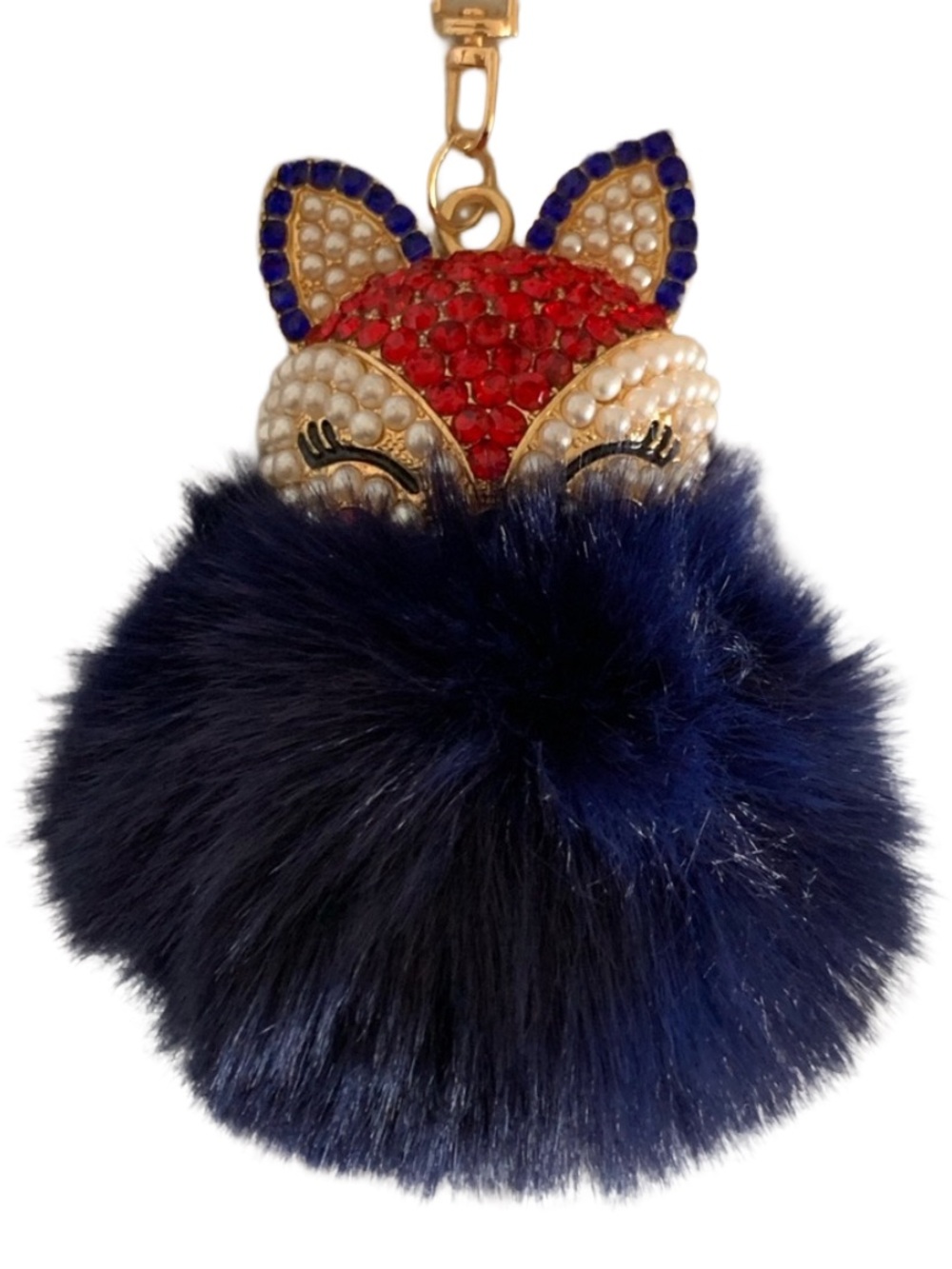 FOX Keychain/ Bag Charm Crystals and Mini Pearls on Fox’s Head Navy Blue PomPom